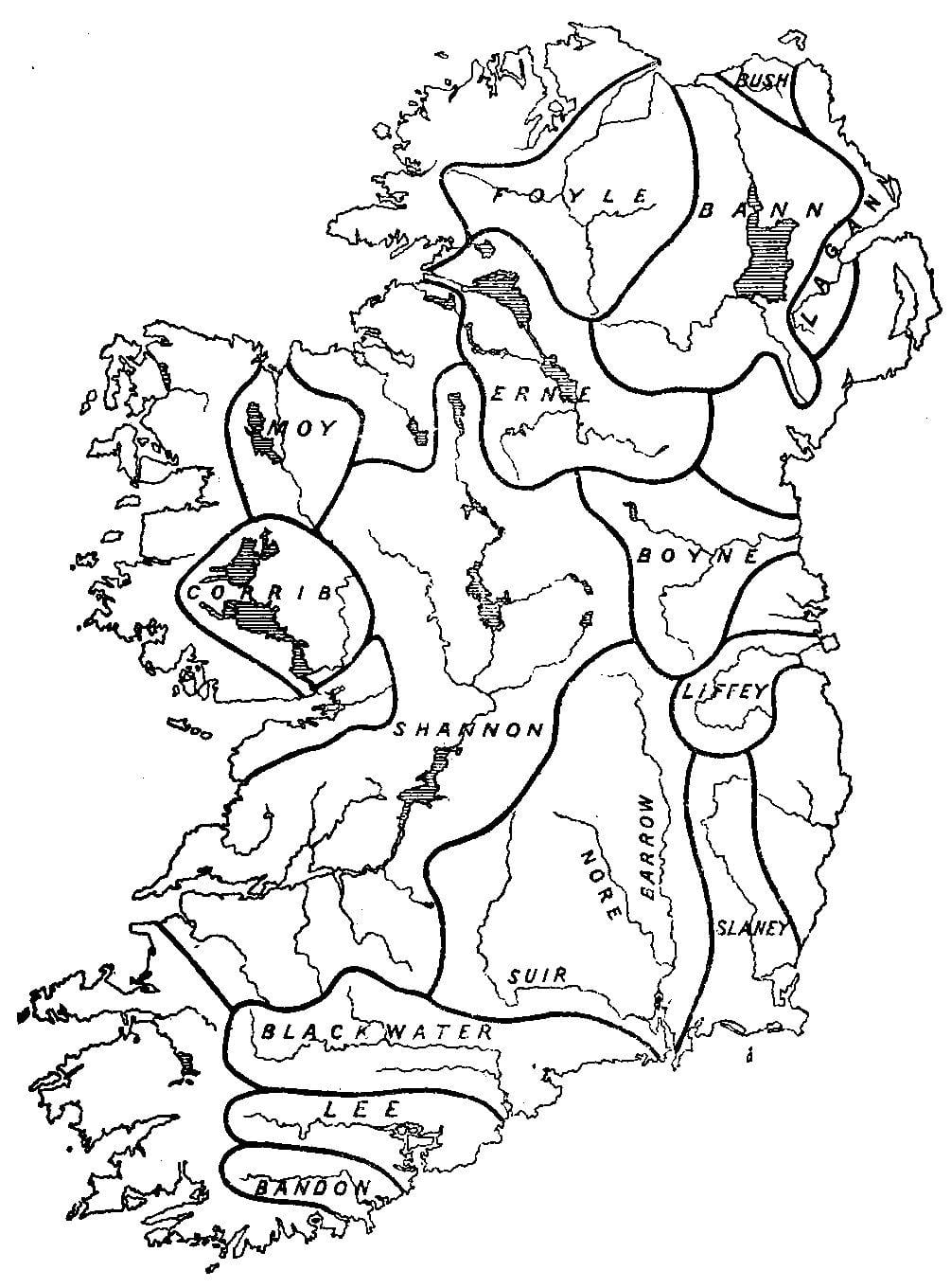 blank kart over irland med elver og fjell