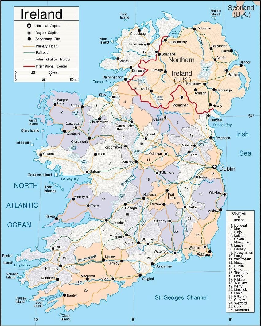 detaljert kart over irland med tettsteder og byer