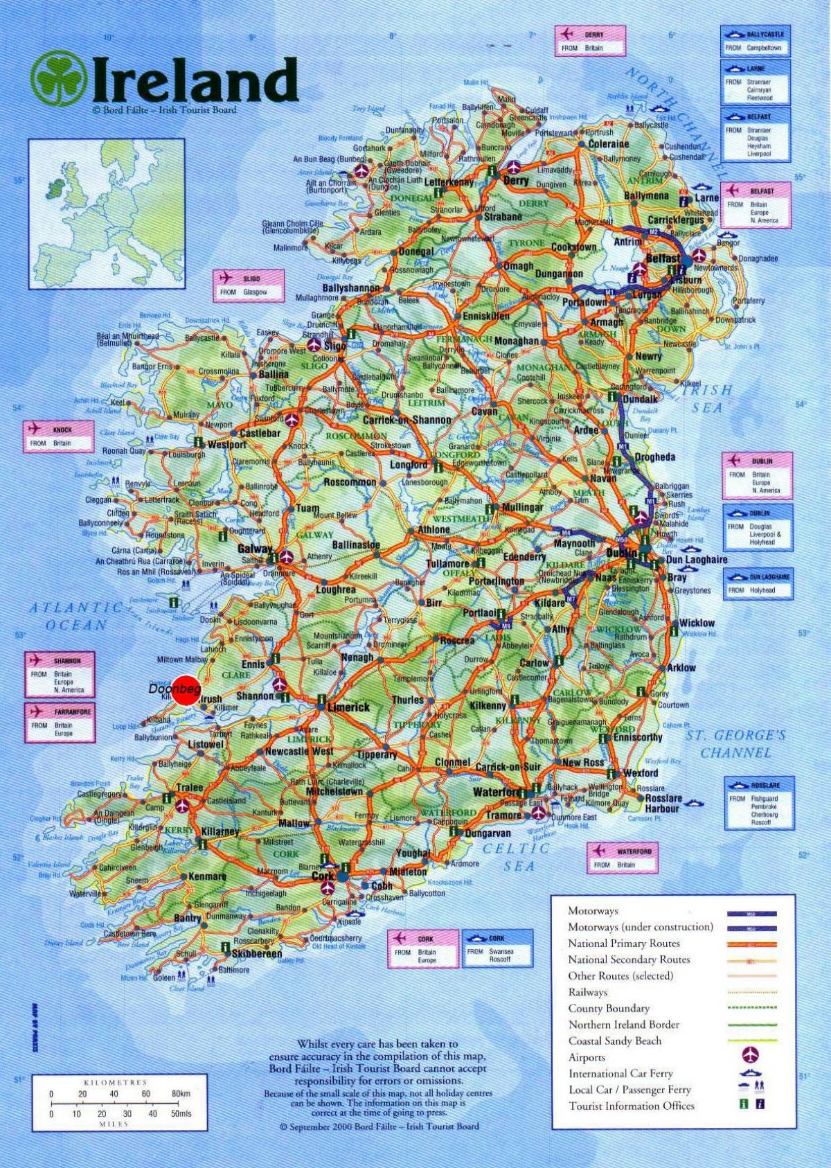 kart over irland viser turistattraksjoner