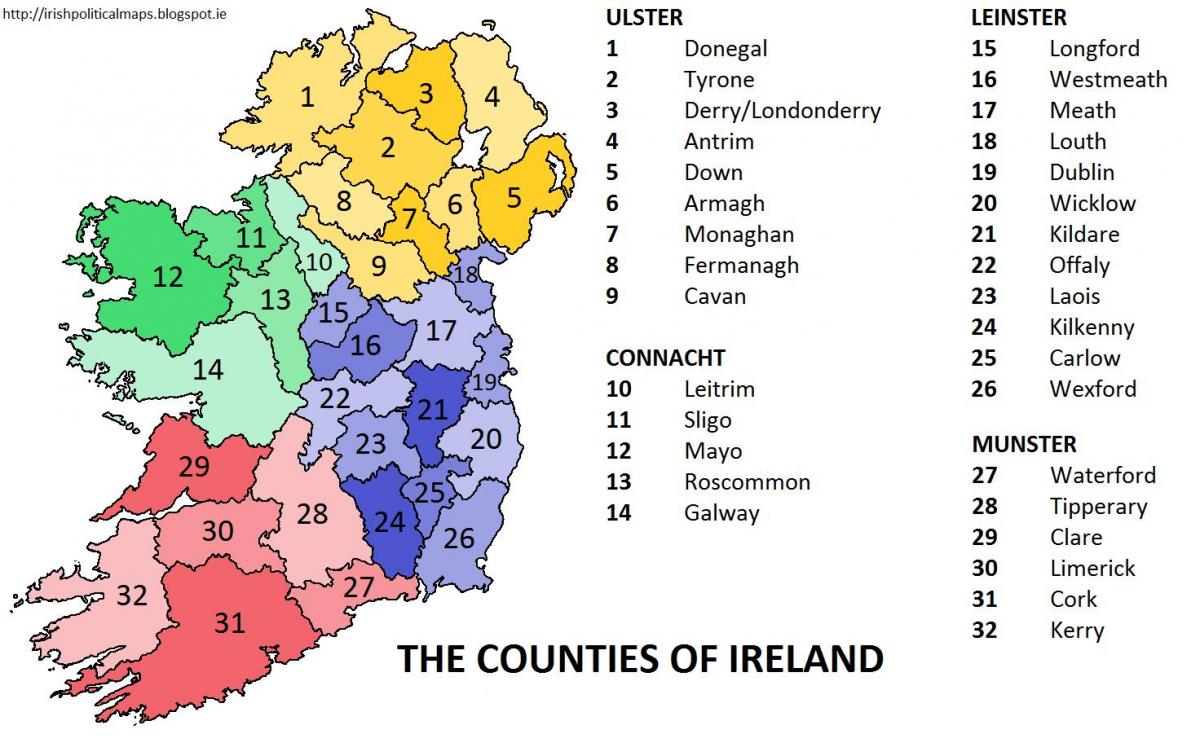 kart over irland viser provinser