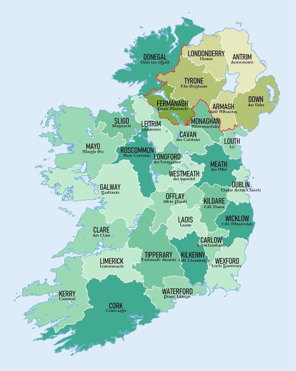 kart over irland viser fylker